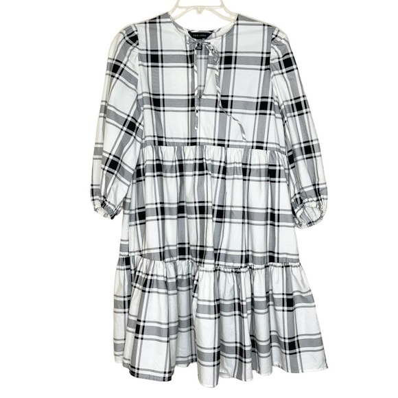 New Look Asos White and Black Plaid Tie Neck Tiered Dress US 4 - Picture 2 of 8